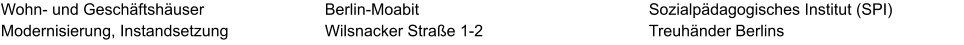 Wohn- und Geschäftshäuser Modernisierung, Instandsetzung Sozialpädagogisches Institut (SPI) Treuhänder Berlins Berlin-Moabit Wilsnacker Straße 1-2